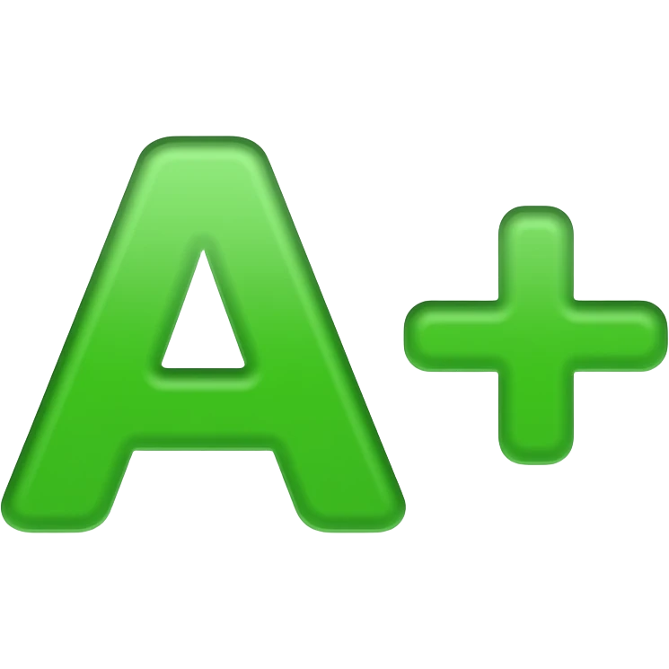 iOS emoji style, glossy 3D emoji, a white paper sheet (homework) with a big "A+" grade in bright green ink, soft rounded edges, clean minimal design, subtle shadows, Apple emoji style, smooth gradients, centered, no background emoji