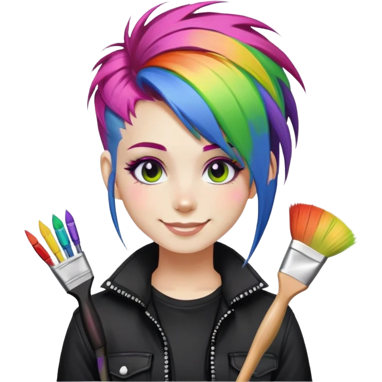 artist-girl with rainbow hair and brushes in black punk-clothing smiling emoji