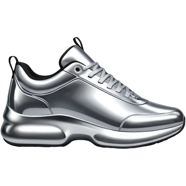 A pair of futuristic sneakers emoji made of silver chrome, sleek streetwear design, smooth metallic panels, subtle reflections, luxury swag aesthetic, iOS emoji style, centered, clean white background emoji