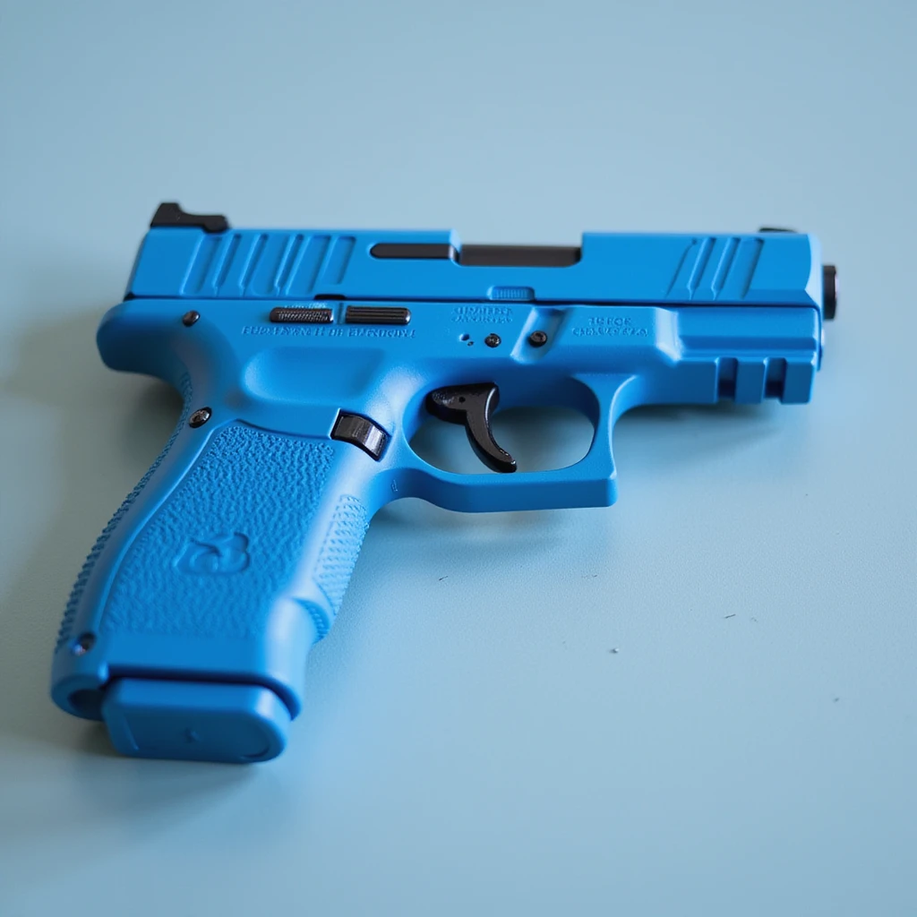 photorealistic blue pistol with a matte finish, no heart shapes or motifs, on a white background emoji