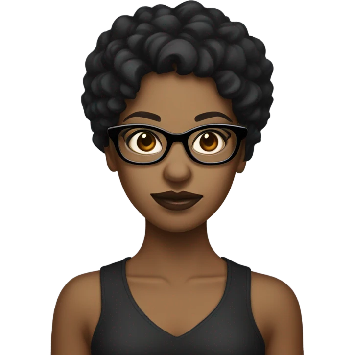 Brown girl with black curly hair with square black glasses, with dark brown eyes, in the shape of a zombie emoji
