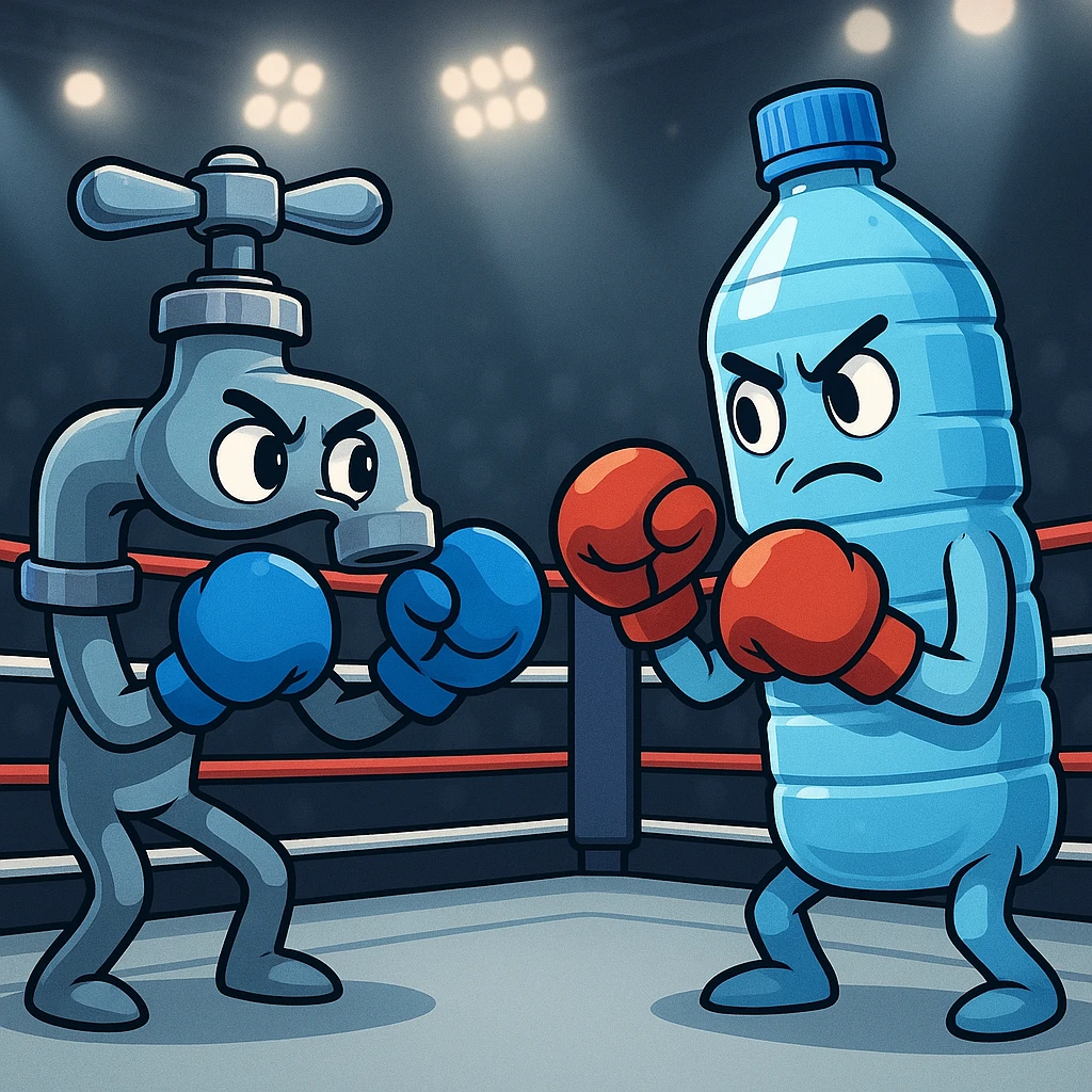 boxing match between tap water (tap with face and gloves) and plastic bottle (bottle with face and gloves), central ring, sporty atmosphere, modern and clear style emoji