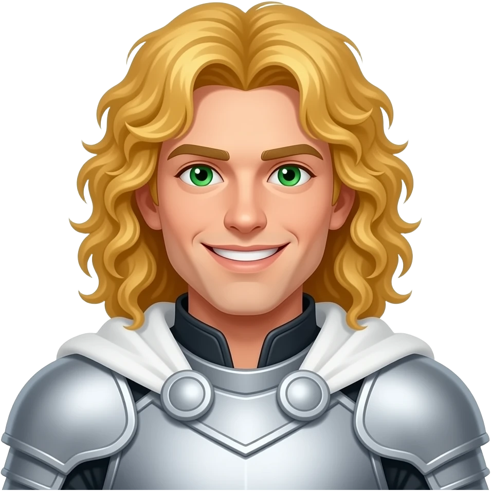 A white man with long curly, bright golden hair put in a middle part. He is wearing white armour with a white cape. He is clean shaven and has a smile that cuts like a knife. He also has emerald green eyes. He has a sharp jawline. He is in his early thirites. emoji