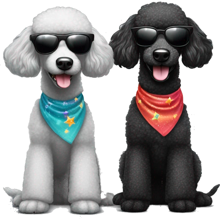 Two BLACK poodles wearing sparkling sunglasses with a big smile. Also with a bandanna around its neck. Both Dogs needs to be all black emoji