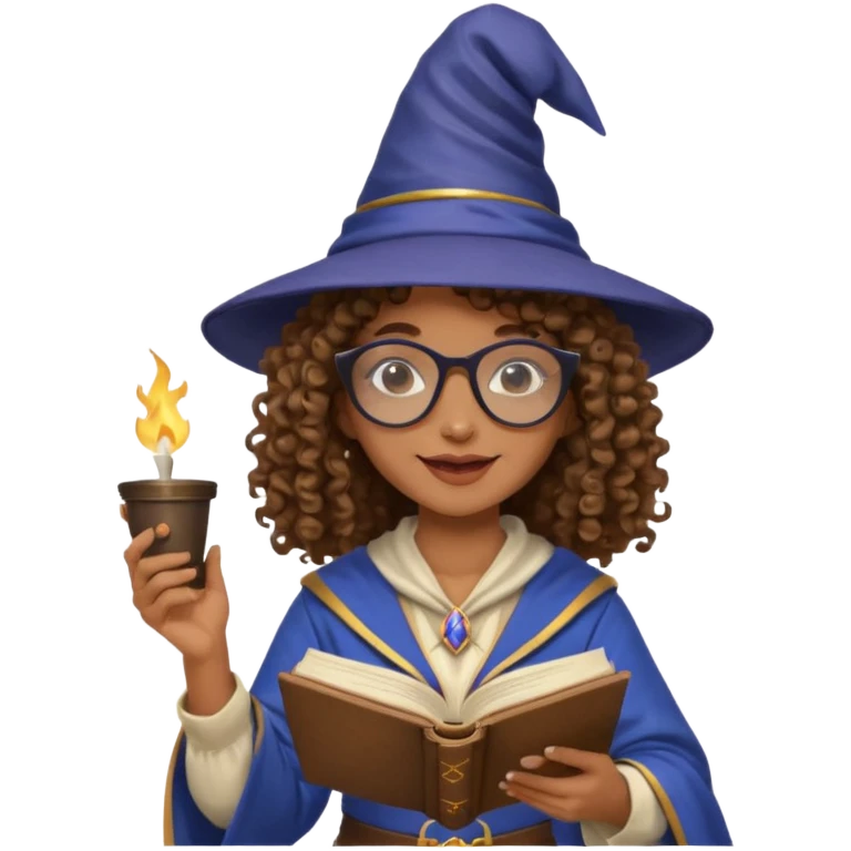 A Joyful Adult Female with Brown skin and Curly hair, wearing a Traditional outfit, a Wizard hat, Sunglasses, carrying a Spellbook, working as a farmer, while drinking Coffee and reading a Textbook. emoji