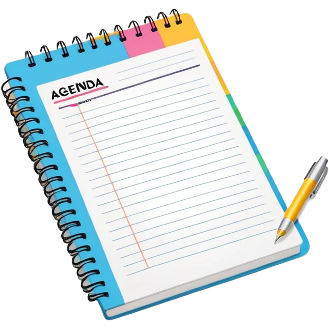A colorful spiral notebook with 'AGENDA' at the top and bullet point items below it emoji