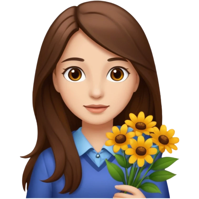 Women with long brown hair and brown eyes with flowers in her hand emoji