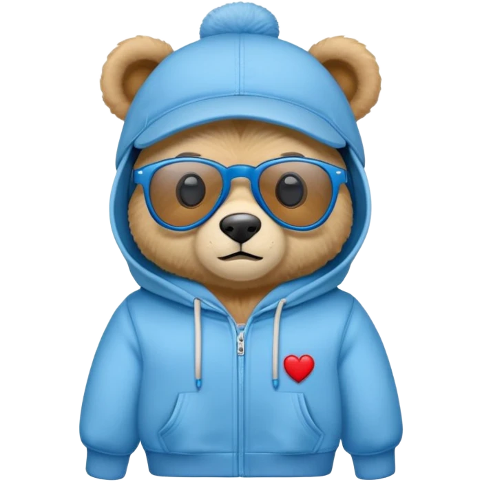 oso de peluche con sudadera azul, gorra roja, lentes  emoji