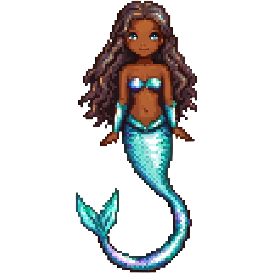 Beautiful mermaid with dark brown skin and iridescent scales emoji