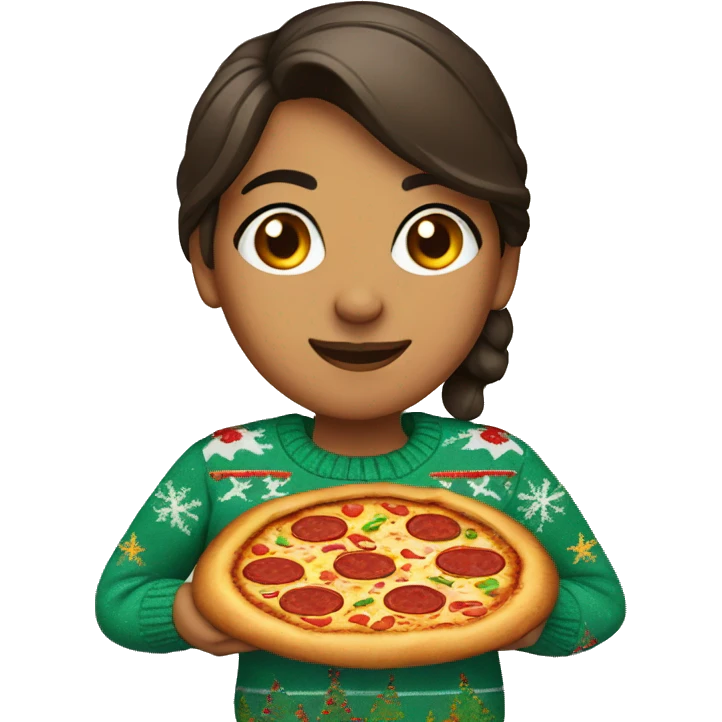 Latina wearing an ugly Christmas sweater and holding a pizza emoji