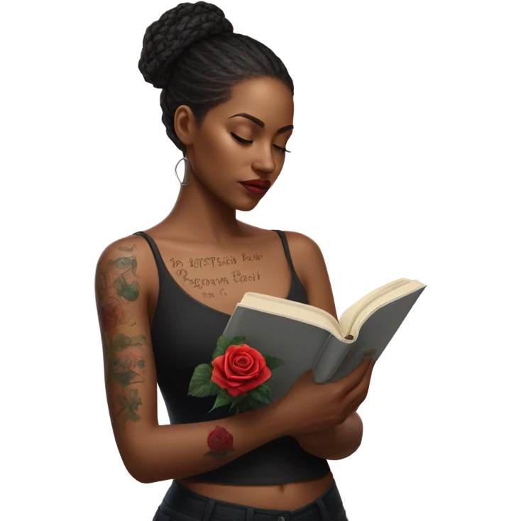 Hyper Realistic beautiful woman model with a small rose tattoo reading a book  emoji