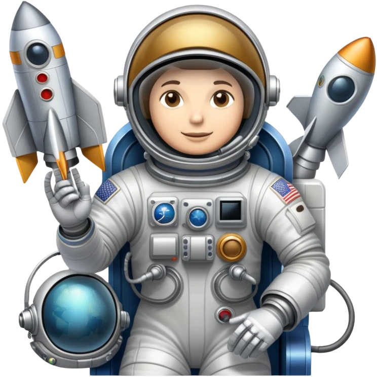 An icon featuring a rocket, a satellite, and an astronaut helmet, symbolizing aerospace technology. The design includes a spaceship, control panels, and orbiting satellites, representing space exploration and aircraft engineering. Transparent background highlights the innovation in aeronautic emoji