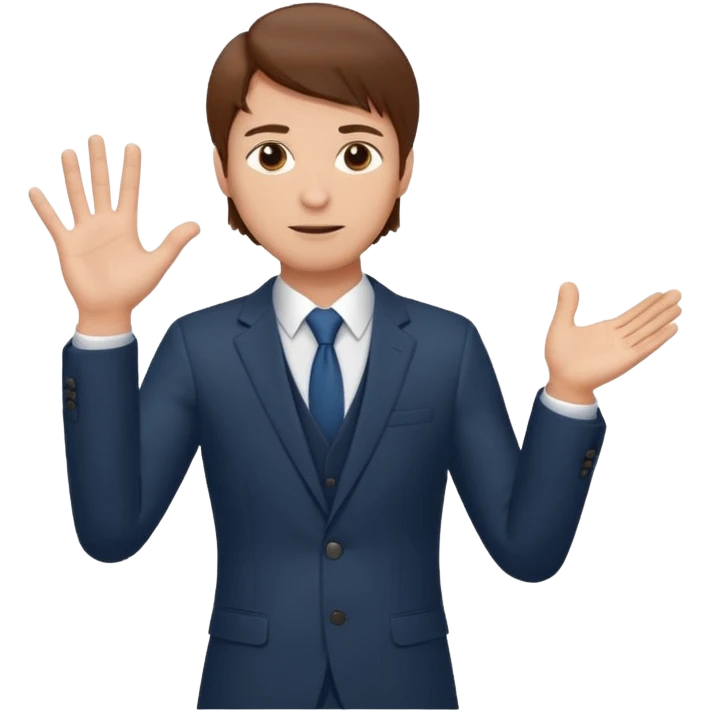 Mach mir einen Tyoen mit braunen haaren und im anzug der männlich ist der mit seiner linken hand zur seite zeigt emoji