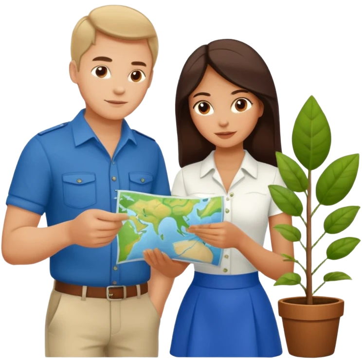 Russian man and elegant Latina girl in cute outfits with a map planning plants emoji
