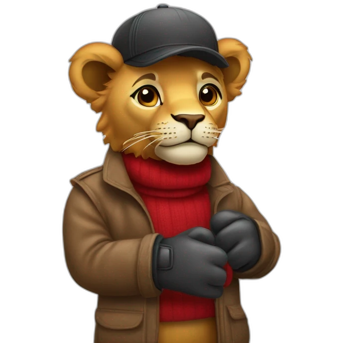 León con guantes de box y abrigo rojo con lana en el cuello  emoji
