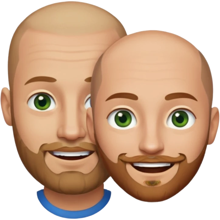 Shaved head man with dark blonde beard and blue eyes with mouth closed smile with brown haired woman with green eyes emoji