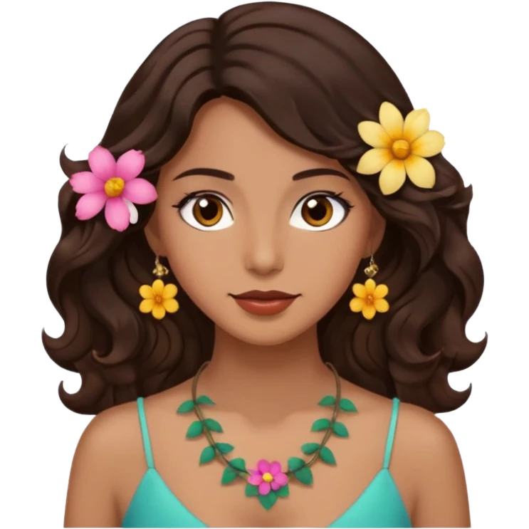 Uma mulher dos cabelos ondulados marrons escuros  com um colar de flor e olhos castanhos  emoji