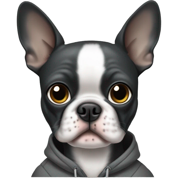 Boston terrier wearing a charcoal grey hoodie emoji