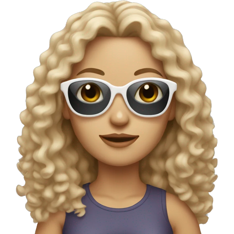 white woman with a slight tan, long curly hair and sunglasses holding a cat emoji