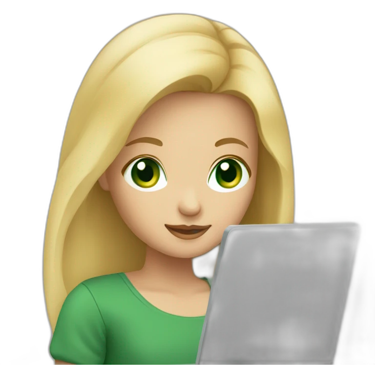 Girl blond with laptop with green eyes emoji