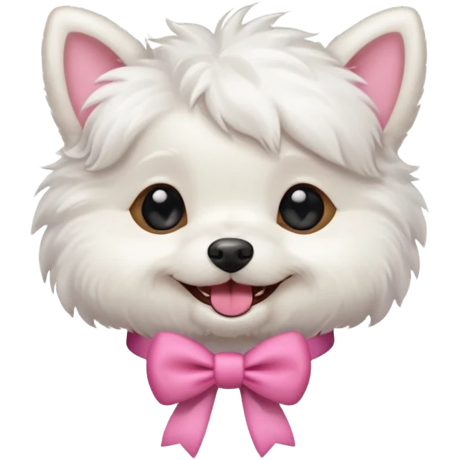 white small fluffy dog giggling with a pink bow emoji