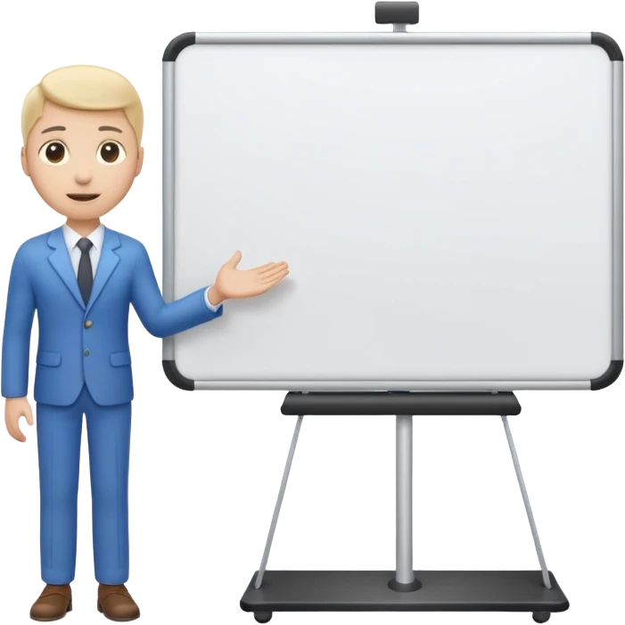 A clean emoji-style illustration of a person giving a presentation, standing next to a large presentation board on a stand, board empty and white, no podium, no desk, no table, friendly proportions, soft 3D emoji style emoji