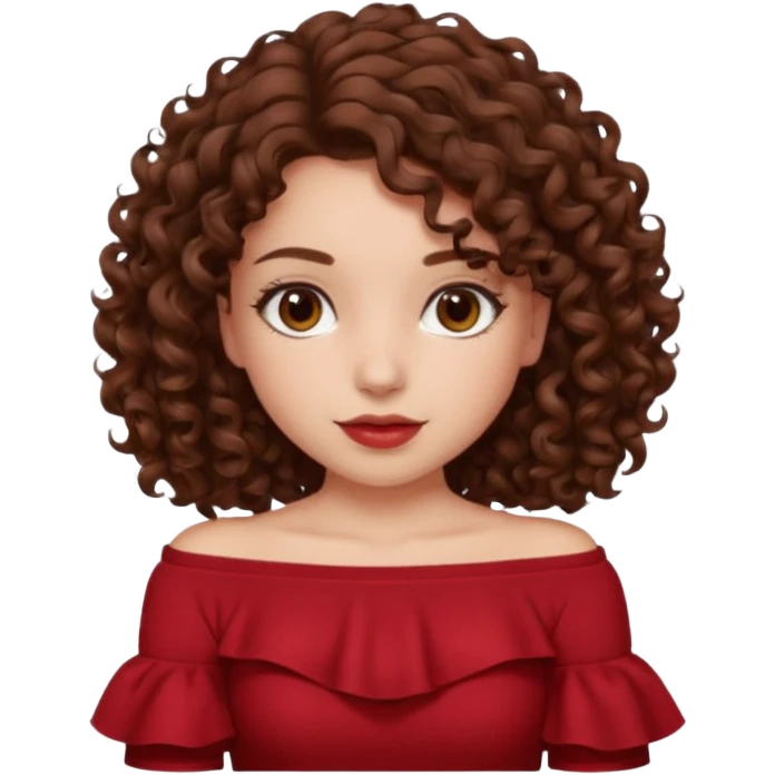 Brown hair curly hair shoulder length brown eyes white skin girl wearing a off shoulder dark red top emoji