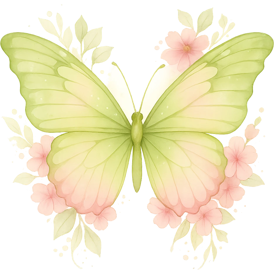 Create a one-to-one butterfly as in the example image, but with main colors green #c0ff53 and pink. Include all flowers and details exactly as in the example. Use watercolor art style. Remove the background. emoji
