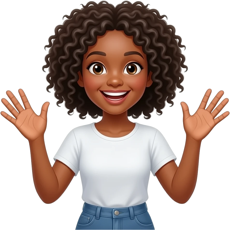 Black Girl with both hands open in the air. Happy, frontal view above waist only emoji