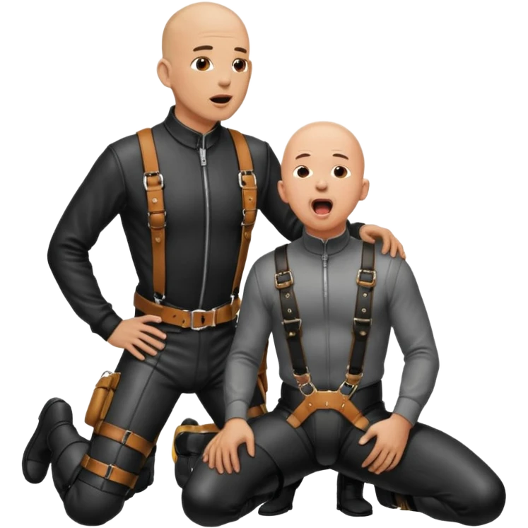 a bald man on his knees and a black leather harness, his tongue out, looking up next to a standing man in leather pissing into the kneeling man’s mouth emoji
