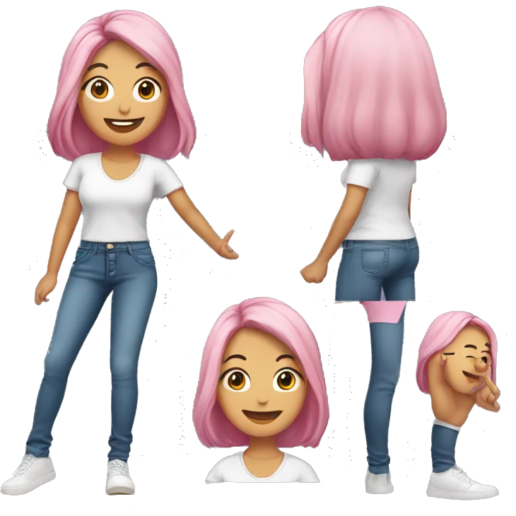 A young Asian woman with shoulder-length pink hair and dark roots, smiling with full lips. She is wearing a t-shirt and jeans, making a peace sign with her fingers emoji