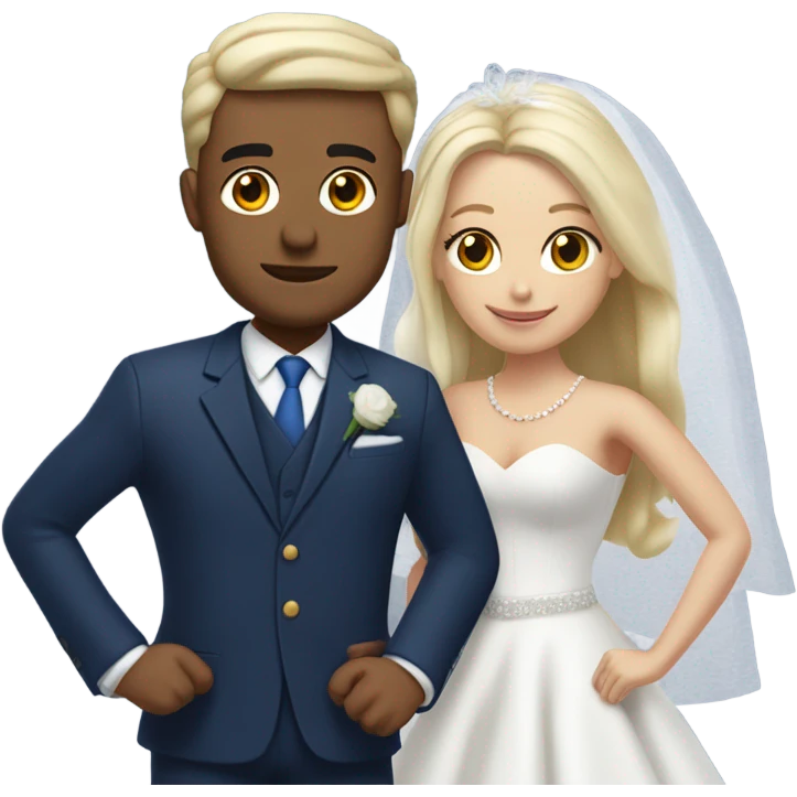 Puerto rican beard short hair with blue hat and navy blue suit getting Married with blond long hair girl with white  wedding dress  emoji
