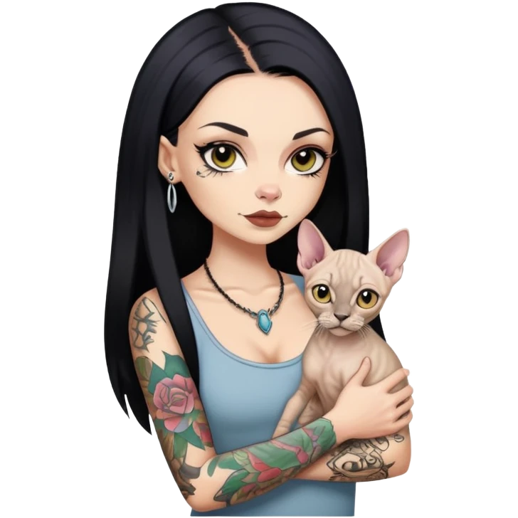 white girl with long black  straight hair and tattoos and  a Devon rex emoji