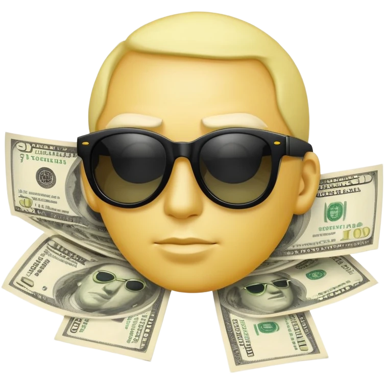 yellow head emoji with dollar bills for eyes, wearing slightly transparent black sunglasses, money symbols on face emoji