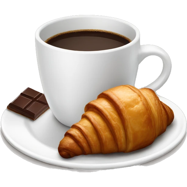 White cup of coffee with a chocolate croissant on a plate emoji