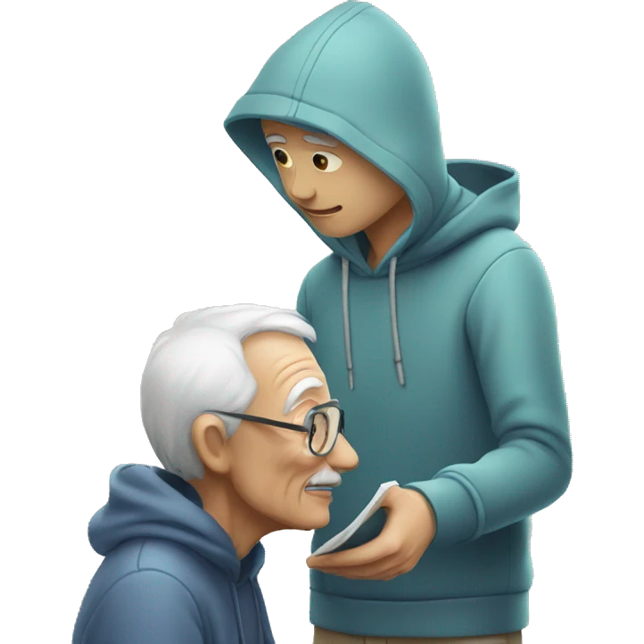Young man with hoodie helping old man to learn how to use artificial intelligence  emoji