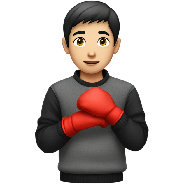 Asian boy wearing red gloves on hands and black sweater emoji