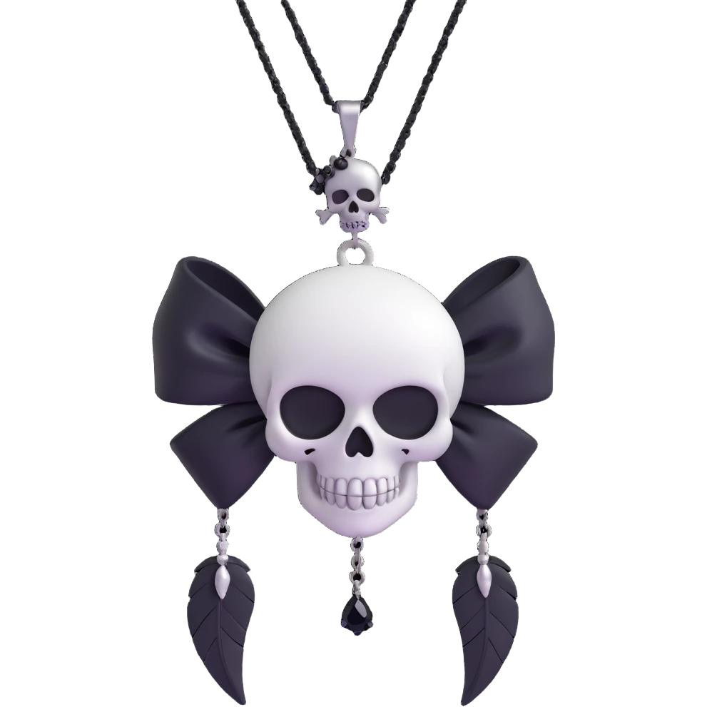 3D emoji gothic bow, white satin, silver skull charm, black feather accents, black gemstone, black chain fringe emoji