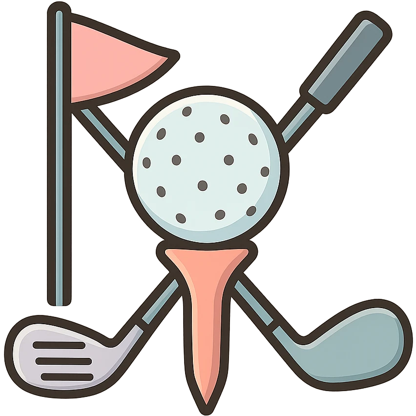 golf ball on a tee with flag and club crossed behind, icon-color-outlined style, detailed shading, thin clean outlines, soft rounded features, pastel palette #98B5BC #B5B3C1 #C9A3C9 #E4C0CA #F7DCD1 #F7C0AA, Japanese pop art, sticker look, highly detailed, vector clarity, soft lighting, subtle shadows, transparent background emoji