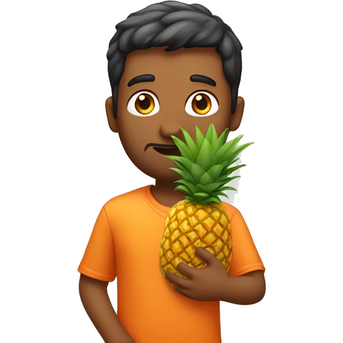 Indian guy in orange shirt holding a pineapple emoji