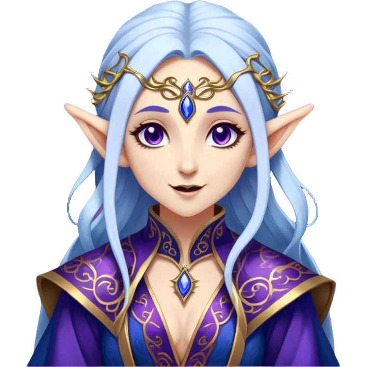 Cinematic Realistic WoW Elf Mage Portrait, head tilted dramatically with an exaggeratedly amused expression, blending timeless arcane wisdom with a touch of unexpected playfulness. Her luminous, porcelain-like skin and delicate features, complemented by an intricately detailed robe in deep blues and purples with golden filigree, are rendered with lifelike texture and dynamic magical lighting, high shine, dramatic yet whimsical, capturing the essence of an elven mage whose epic mastery is tinged with charming irreverence. emoji