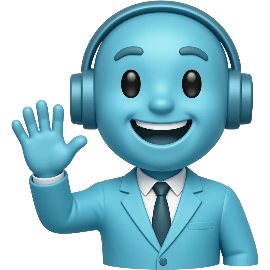 A friendly memoji-style character waving and saying hi, smiling, clean modern look, simple tech outfit, trustworthy and professional, soft blue colors, minimal style. emoji