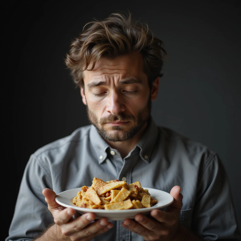 uomo di circa 20 anni, triste, che mangia un piatto di pasta, espressione triste, iperrealismo 4K, variazione 6 emoji