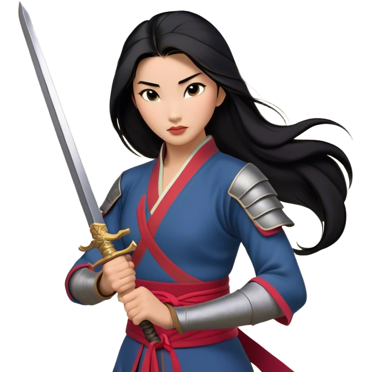 Cinematic Realistic Mulan Portrait, depicted with lifelike skin texture, soft natural lighting, and intricately detailed long black hair styled elegantly. Her deep, expressive eyes exude determination and grace, complemented by a serene yet confident expression. She stands with one hand resting on the hilt of her sword, the other by her side, exuding strength and poise. She is dressed in her classic attire, with rich fabric textures and delicate folds that catch the light beautifully. The portrait features a soft, enchanting glow with a natural, radiant finish, capturing the essence of timeless strength and beauty in a realistic and painterly style, evoking a sense of depth and authenticity. emoji