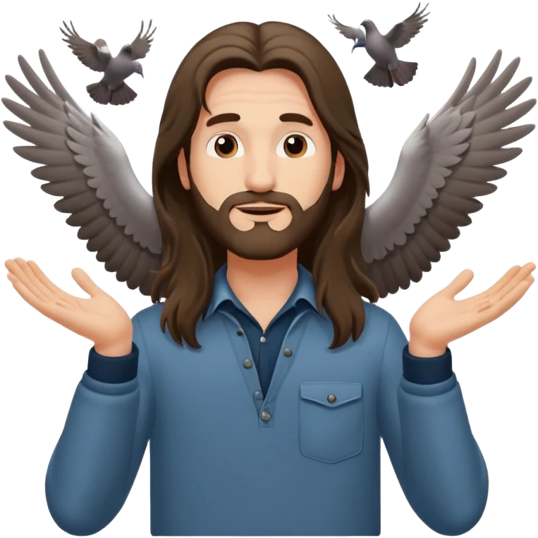 long haired man open arms looking at a flying pigeon emoji