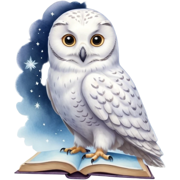 A hand-drawn fantasy illustration of Hedwig, Harry Potter’s snowy owl, with soft watercolor style, gentle pastel tones, magical sparkles in the air, cozy wizarding atmosphere, storybook illustration, high detail, whimsical and warm mood. emoji