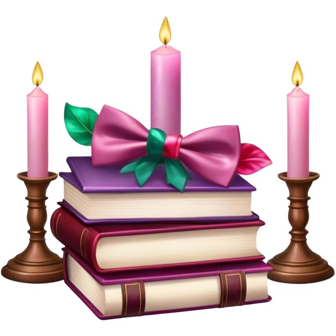 Aesthetic candles, flower petals, bow tie, books, marble stand, gemstones emoji