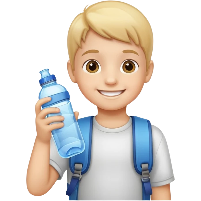 child holding a water bottle, smiling, friendly and cute emoji