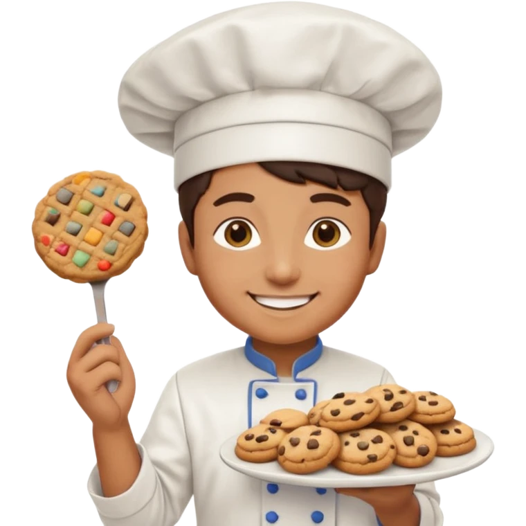 cookie factory worker emoji, wearing a chef hat, holding a tray of cookies emoji
