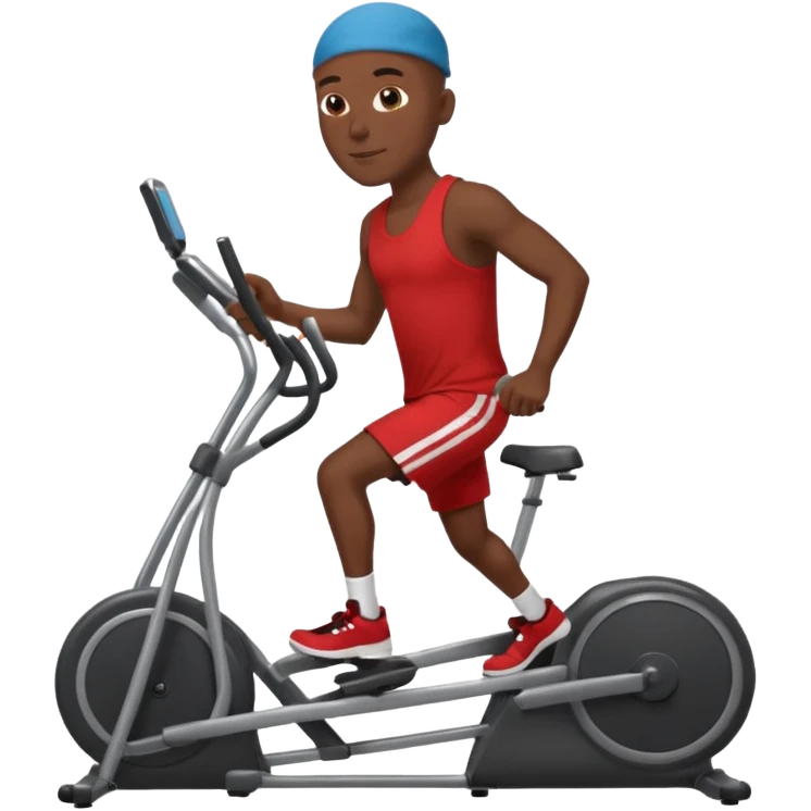 dark skin bald African American man on elliptical machine with red tank shirt and black shorts emoji